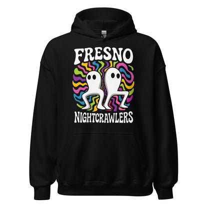 Black unisex hoodie with colourful psychedelic Fresno Nightcrawlers cryptid artwork featuring two white walking figures, By Strange & Twisted