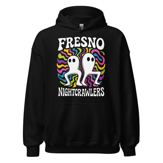 Black unisex hoodie with colourful psychedelic Fresno Nightcrawlers cryptid artwork featuring two white walking figures, By Strange & Twisted