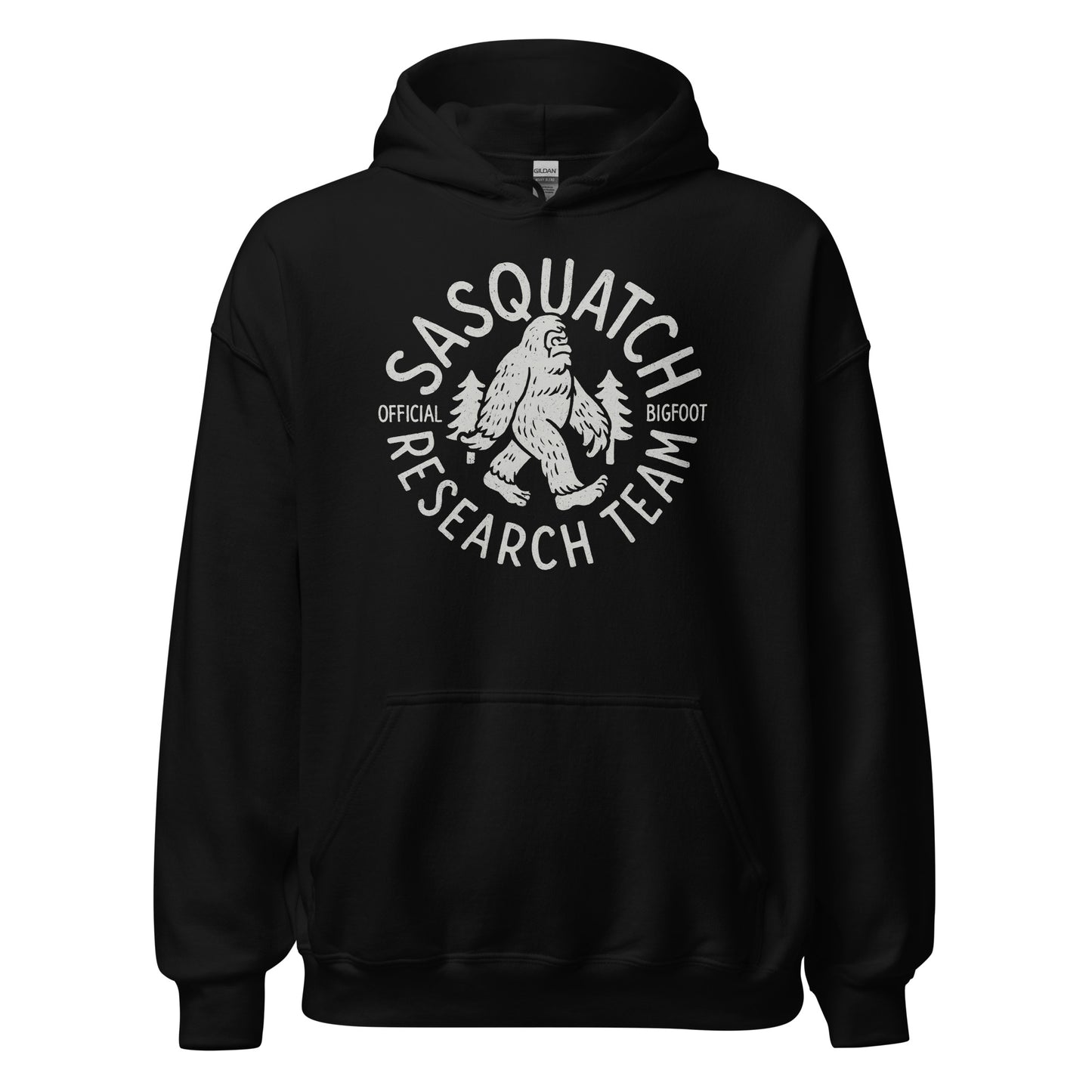 Black hoodie featuring the Sasquatch Research Team cryptid emblem in light grey, centered on chest, Bigfoot silhouette with trees, circular text layout, By Strange & Twisted