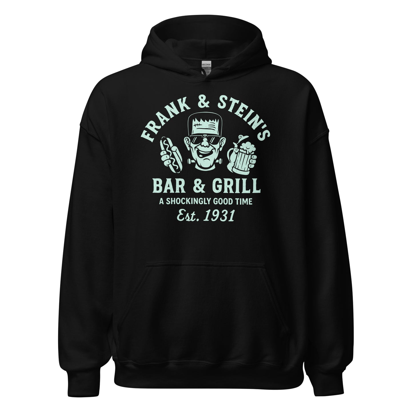 Black hoodie with mint Frank and Stein’s Bar and Grill parody graphic featuring smiling monster, hotdog and beer mug, By Strange & Twisted