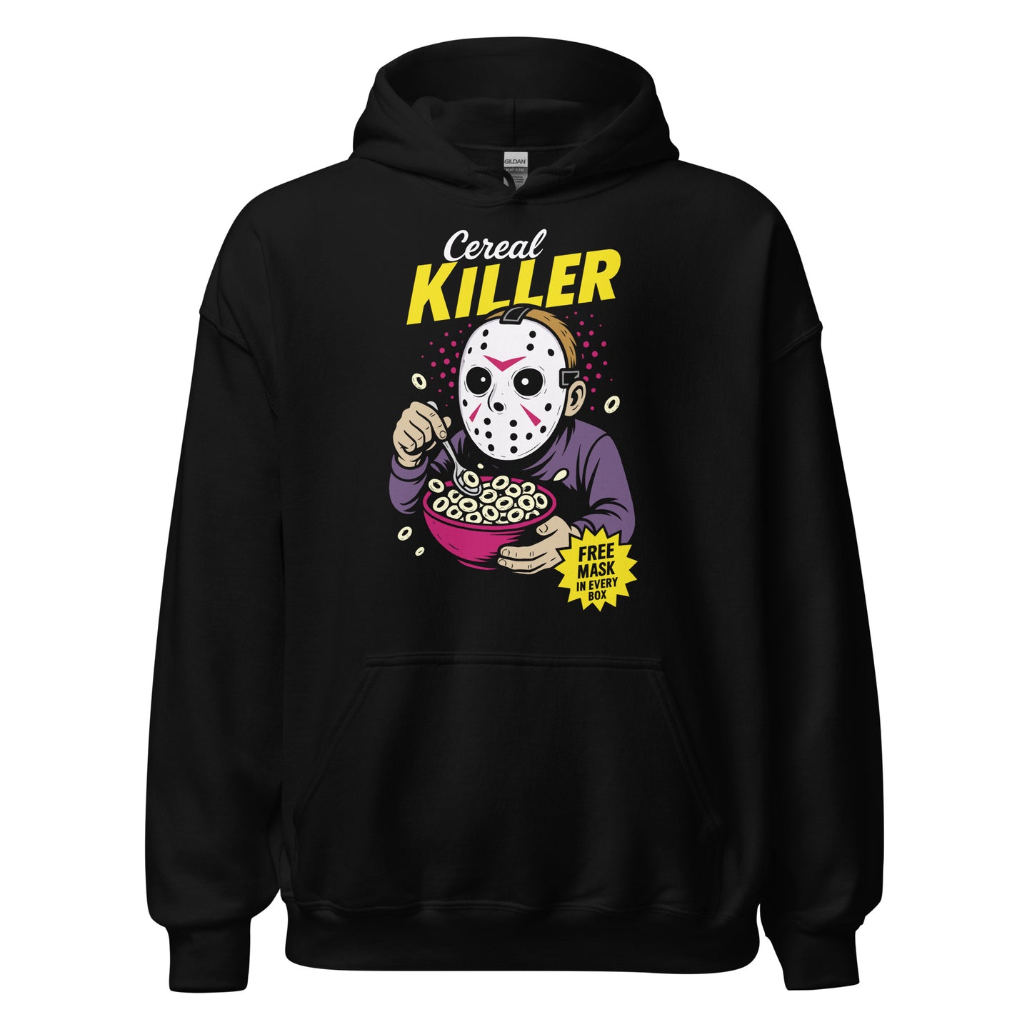 Black hoodie with colourful Cereal Killer parody graphic featuring masked character eating cereal, By Strange & Twisted