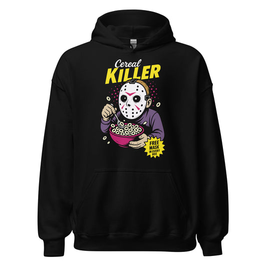 Black hoodie with colourful Cereal Killer parody graphic featuring masked character eating cereal, By Strange & Twisted