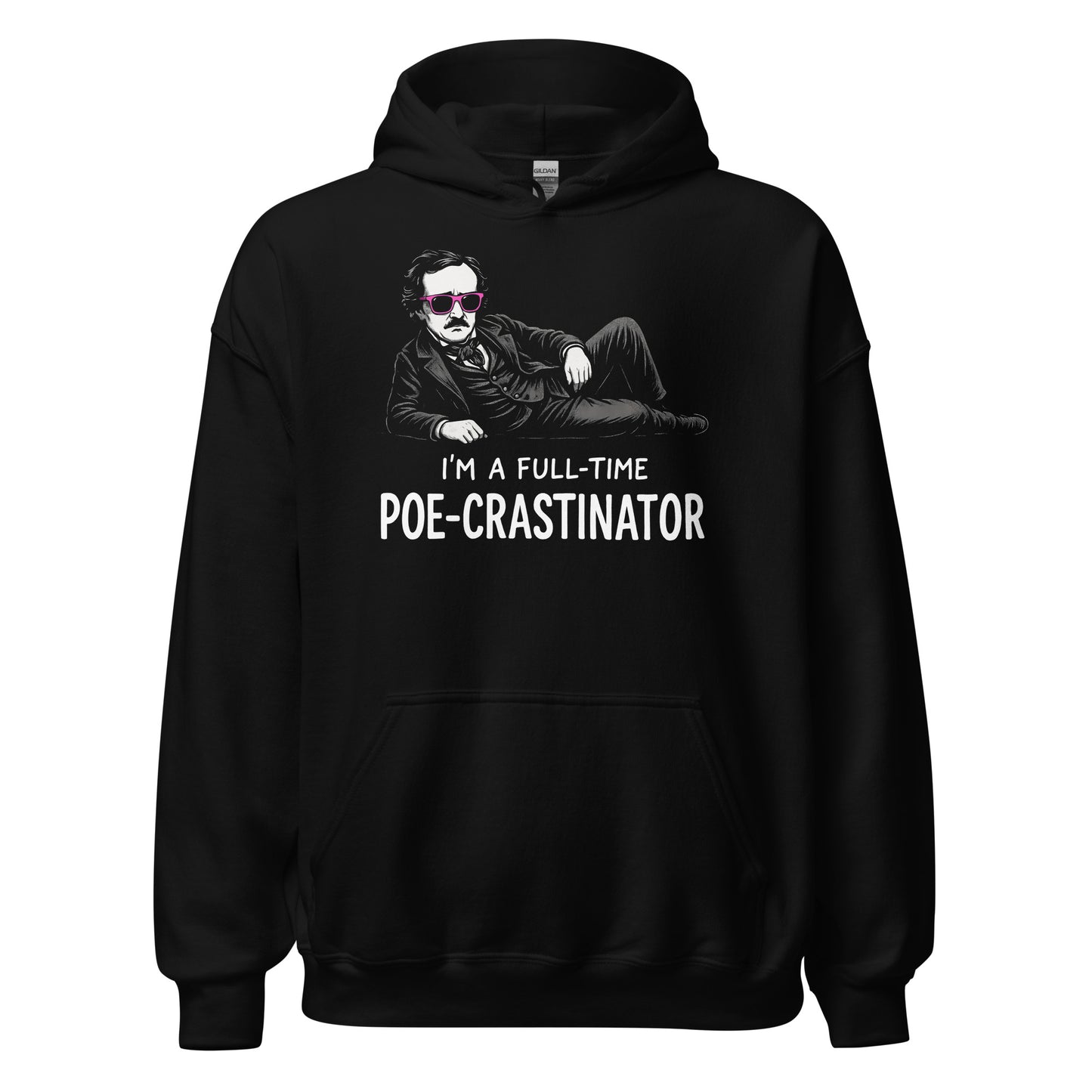 Black hoodie with reclining Edgar Allan Poe parody and Poe Crastinator text in bold white lettering, By Strange & Twisted