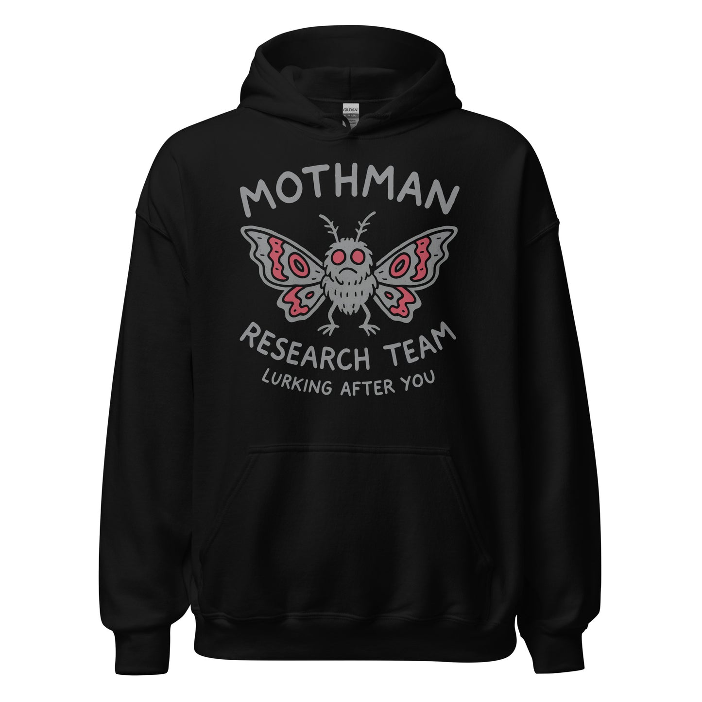 Black hoodie with grey and red Mothman Research Team cryptid artwork printed on the chest, By Strange & Twisted