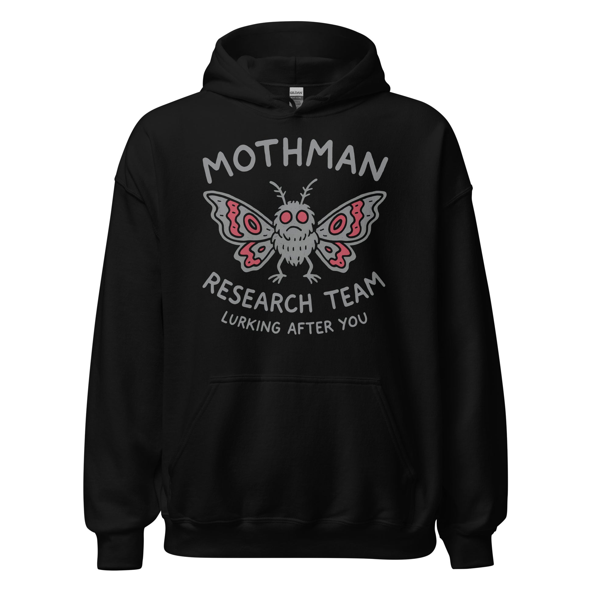 Black hoodie with grey and red Mothman Research Team cryptid artwork printed on the chest, By Strange & Twisted