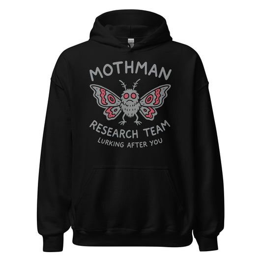 Black hoodie with grey and red Mothman Research Team cryptid artwork printed on the chest, By Strange & Twisted