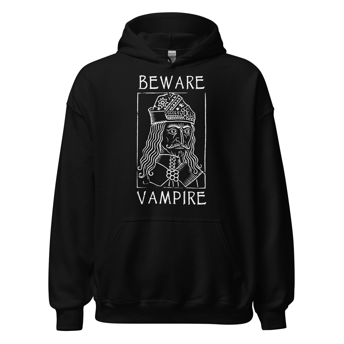 Black hoodie with white Beware Vampire Vlad medieval artwork in gothic folklore style, By Strange and Twisted