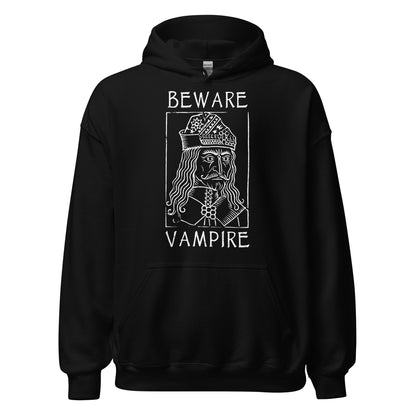 Black hoodie with white Beware Vampire Vlad medieval artwork in gothic folklore style, By Strange and Twisted