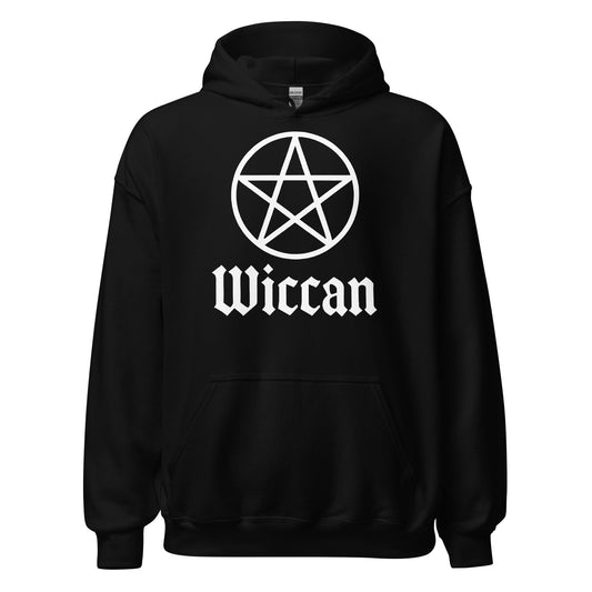 Black hoodie with large white Wiccan pentacle symbol above Wiccan text, By Strange and Twisted