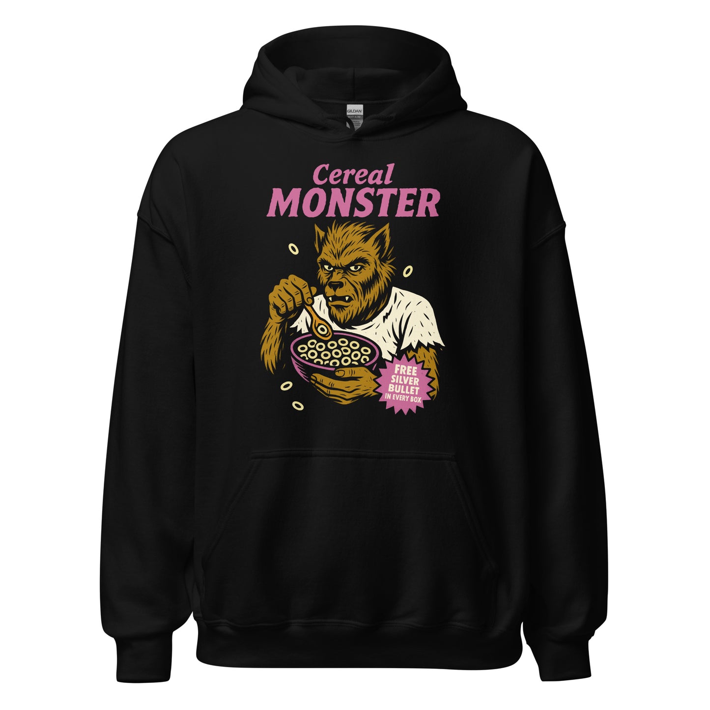 Black hoodie with colourful Cereal Monster werewolf cereal artwork, By Strange and Twisted