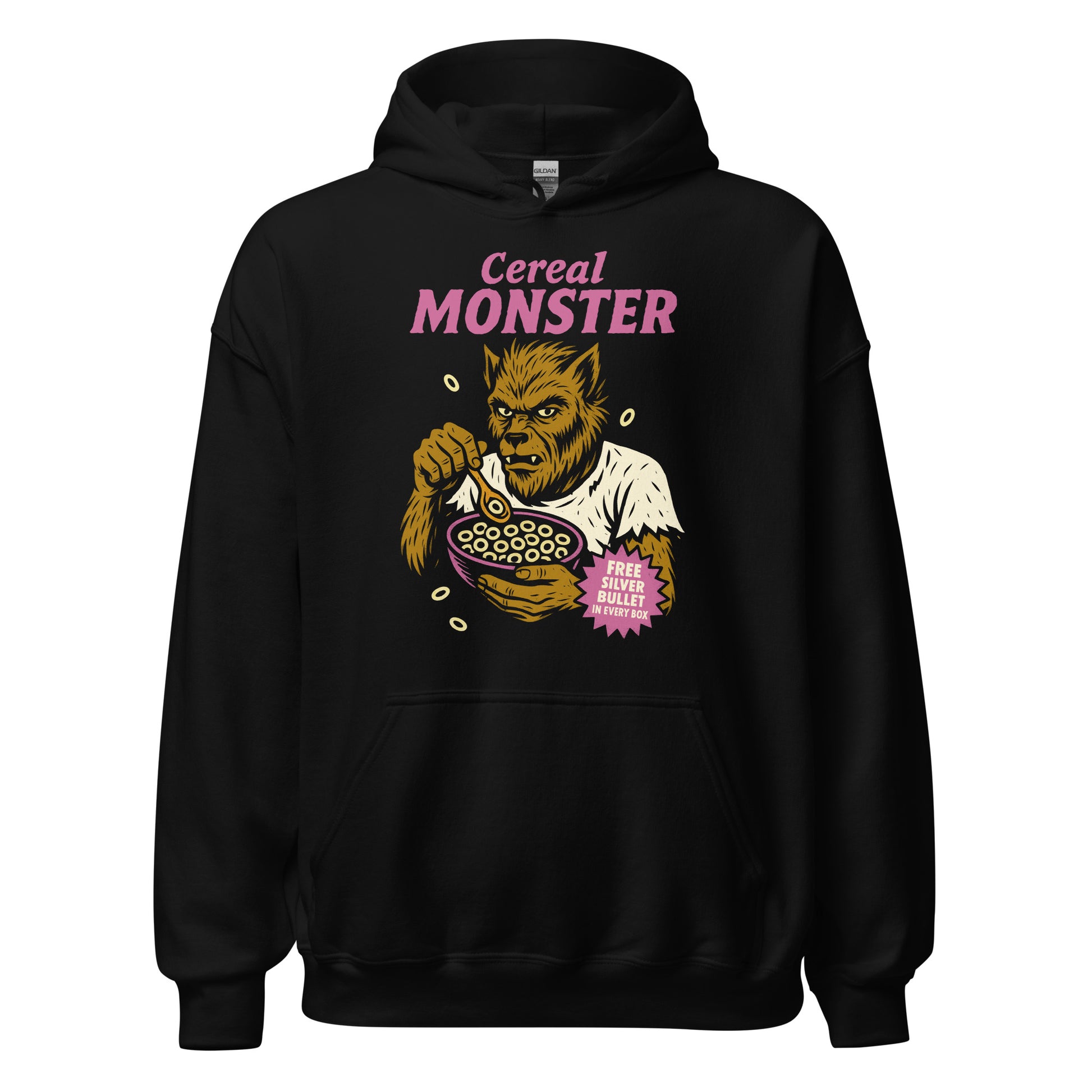 Black hoodie with colourful Cereal Monster werewolf cereal artwork, By Strange and Twisted