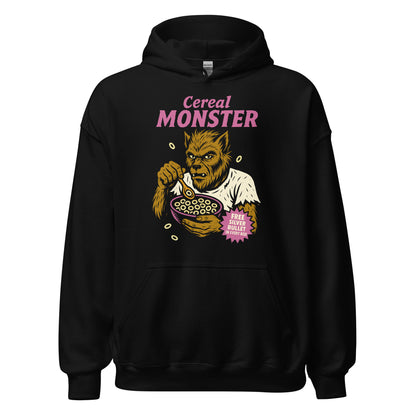 Black hoodie with colourful Cereal Monster werewolf cereal artwork, By Strange and Twisted
