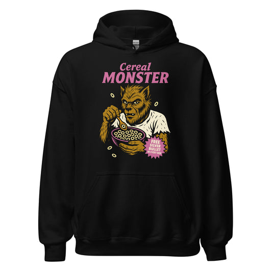 Black hoodie with colourful Cereal Monster werewolf cereal artwork, By Strange and Twisted