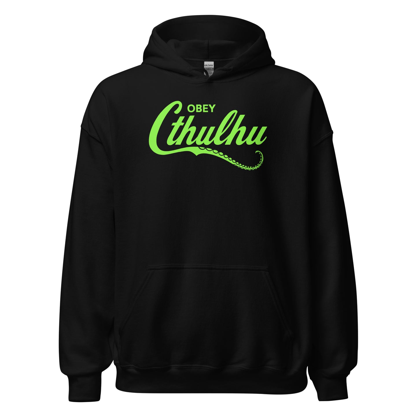 Black hoodie with neon green Obey Cthulhu script and tentacle artwork, By Strange and Twisted