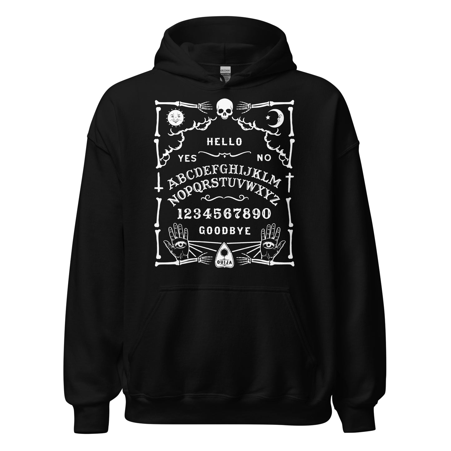 Black hoodie with white Ouija board artwork including skull, moon, sun, alphabet, numbers and mystical hands.