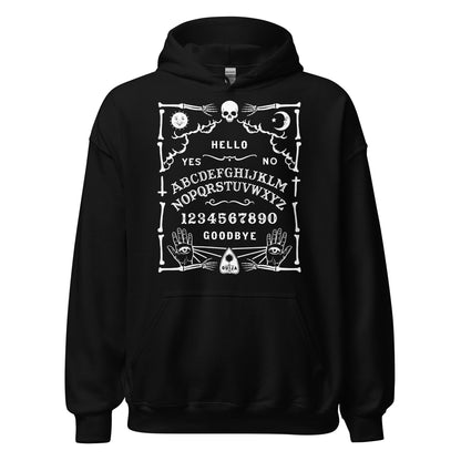 Black hoodie with white Ouija board artwork including skull, moon, sun, alphabet, numbers and mystical hands.