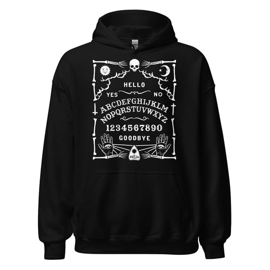 Black hoodie with white Ouija board artwork including skull, moon, sun, alphabet, numbers and mystical hands.