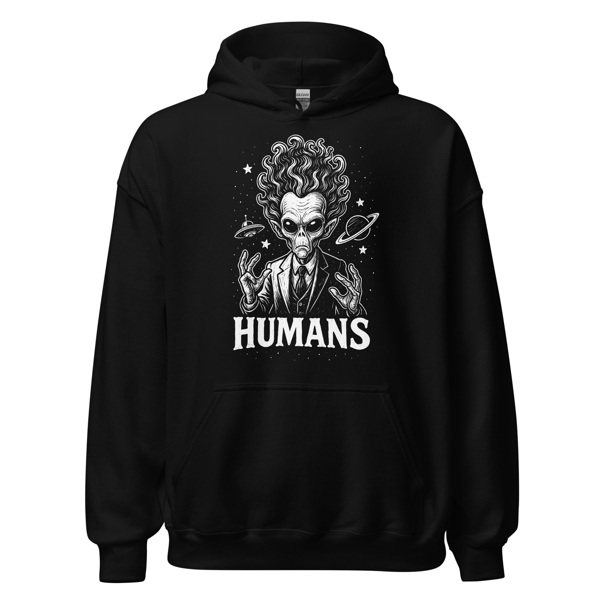 Black hoodie with detailed white alien illustration, wild cosmic hair, planets and stars, with Humans printed below.