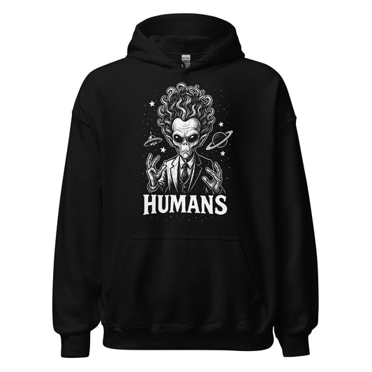 Black hoodie with detailed white alien illustration, wild cosmic hair, planets and stars, with Humans printed below.