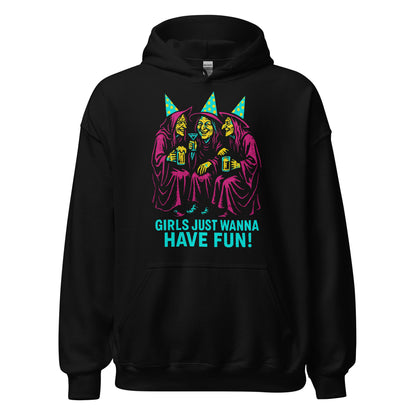 Black hoodie featuring three colourful witches wearing party hats, holding drinks and laughing with Girls Just Wanna Have Fun text.