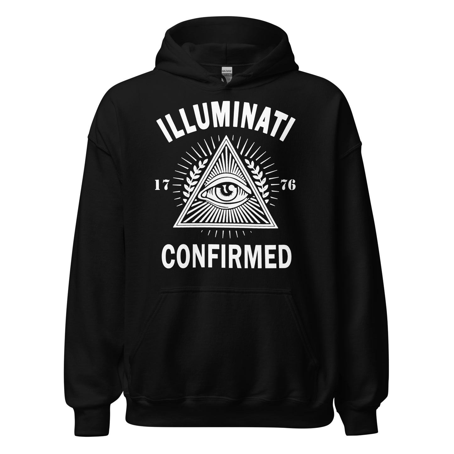 Black hoodie featuring an all seeing eye inside a triangle with radiant linework and Illuminati Confirmed text.