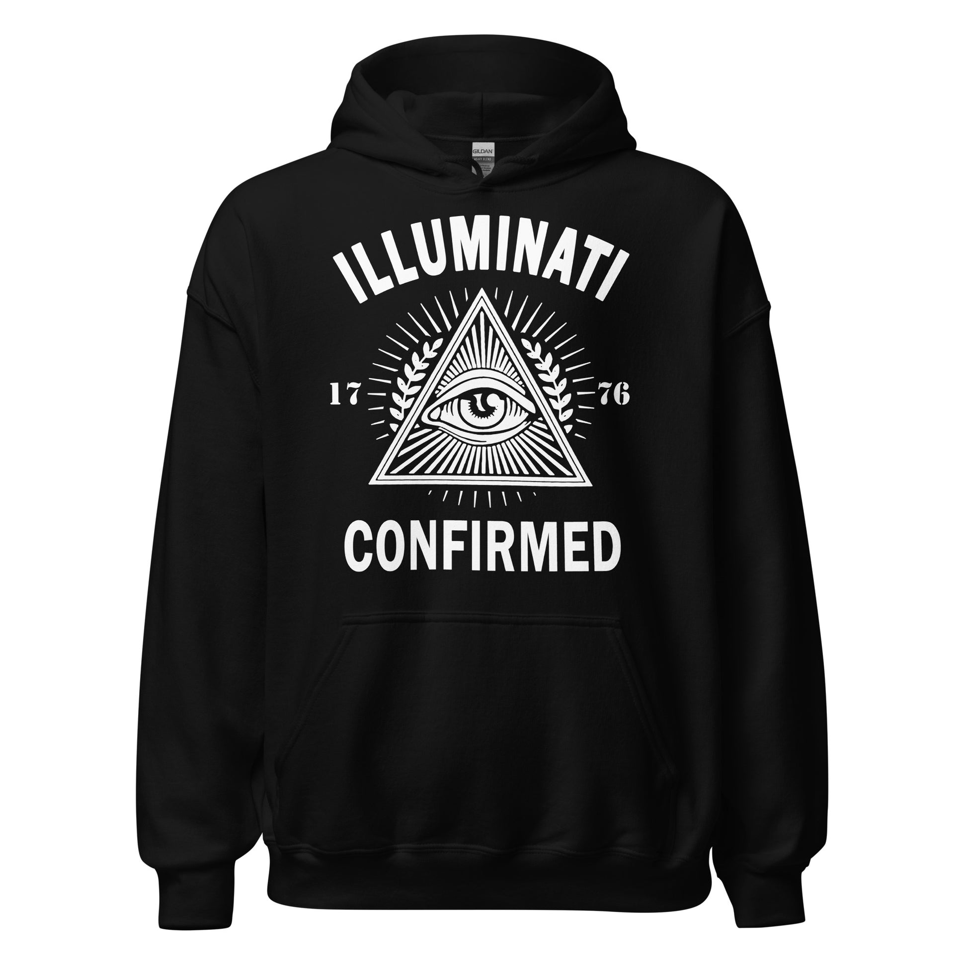 Black hoodie featuring an all seeing eye inside a triangle with radiant linework and Illuminati Confirmed text.