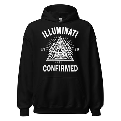 Black hoodie featuring an all seeing eye inside a triangle with radiant linework and Illuminati Confirmed text.
