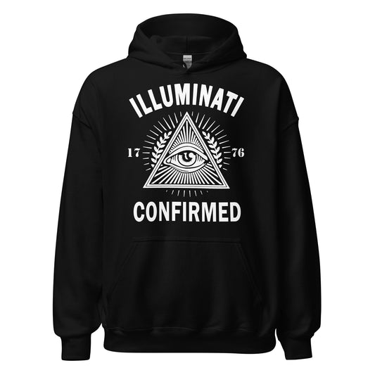 Black hoodie featuring an all seeing eye inside a triangle with radiant linework and Illuminati Confirmed text.