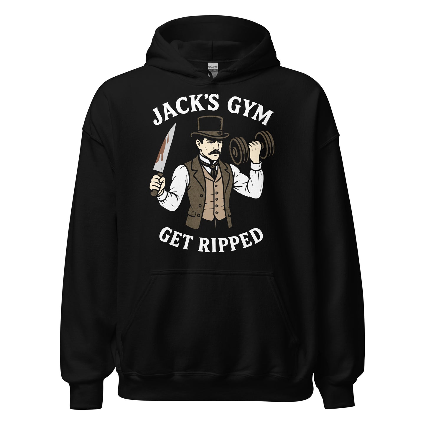 Black hoodie featuring a Victorian strongman illustration holding a knife and dumbbell with Jacks Gym text.