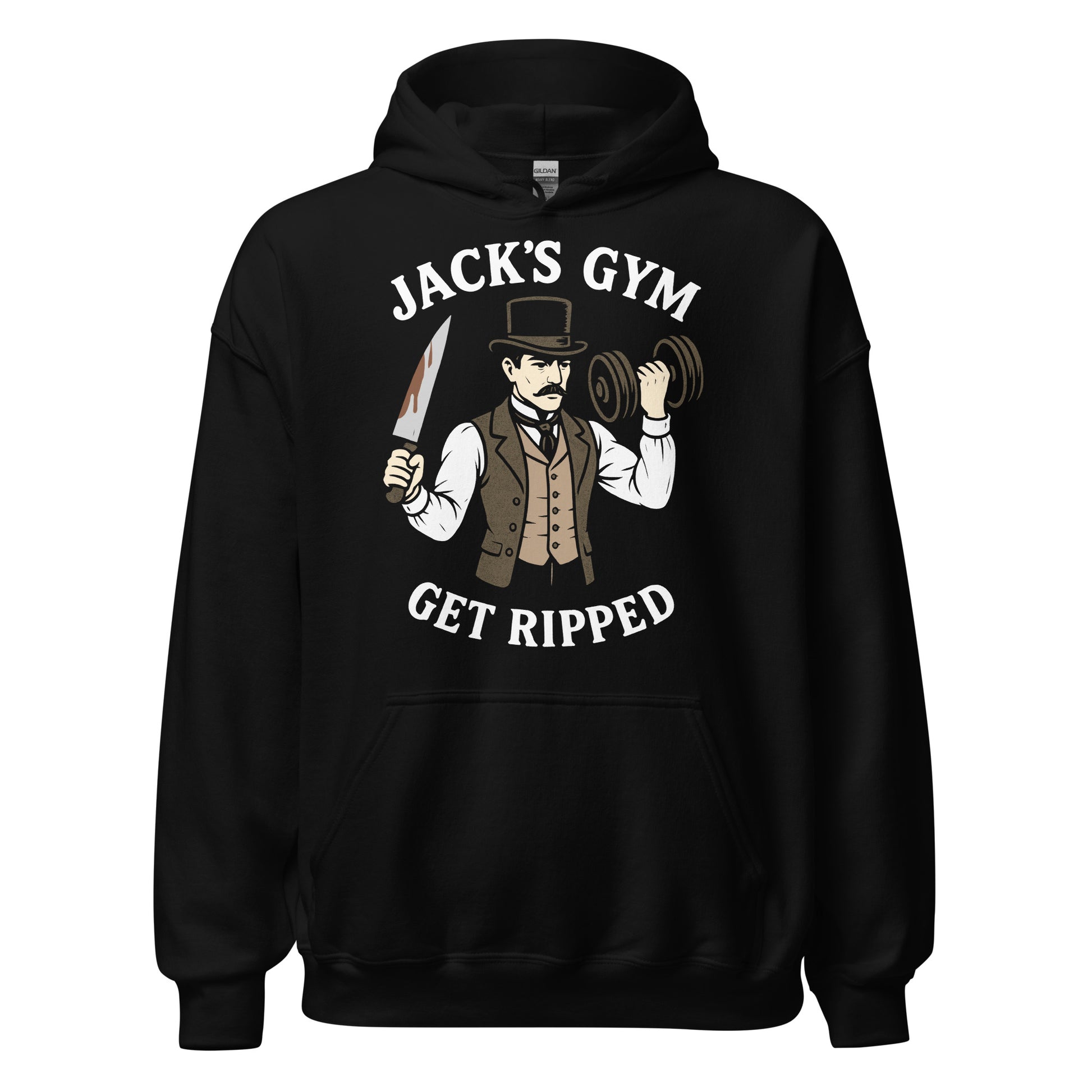 Black hoodie featuring a Victorian strongman illustration holding a knife and dumbbell with Jacks Gym text.
