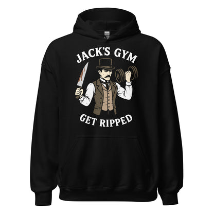 Black hoodie featuring a Victorian strongman illustration holding a knife and dumbbell with Jacks Gym text.