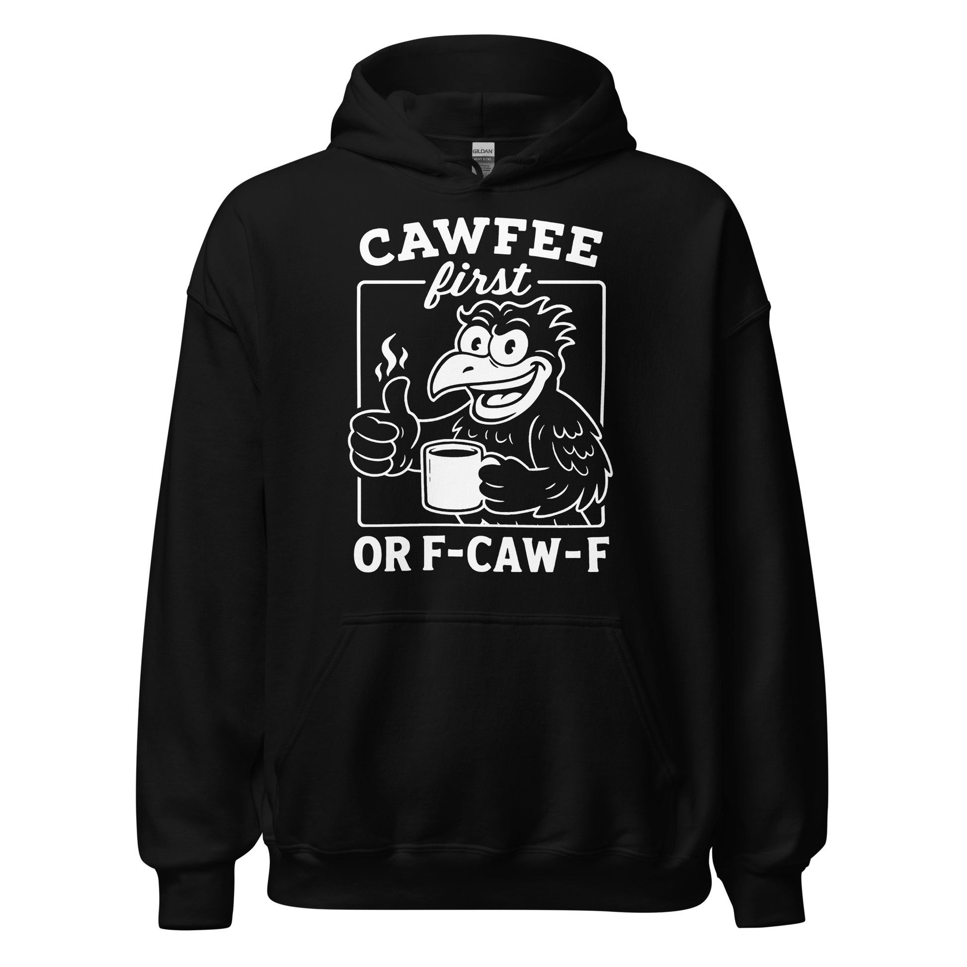 Black hoodie featuring a cartoon raven holding a coffee mug with Cawfee First text.