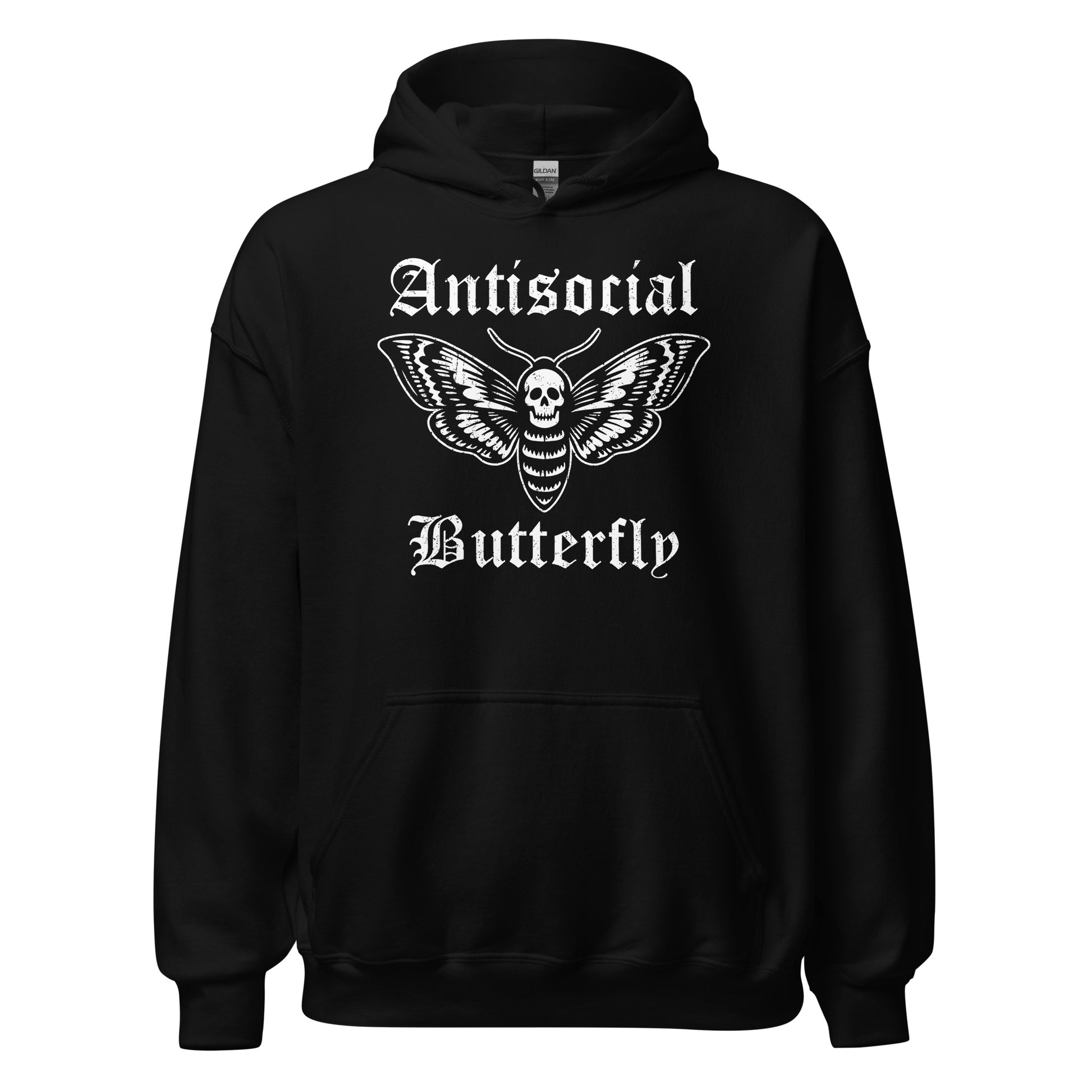 Black hoodie featuring an antisocial butterfly gothic skull moth illustration with bold blackletter text.