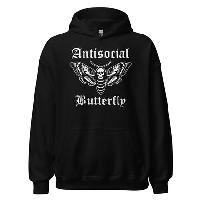 Black hoodie featuring an antisocial butterfly gothic skull moth illustration with bold blackletter text.