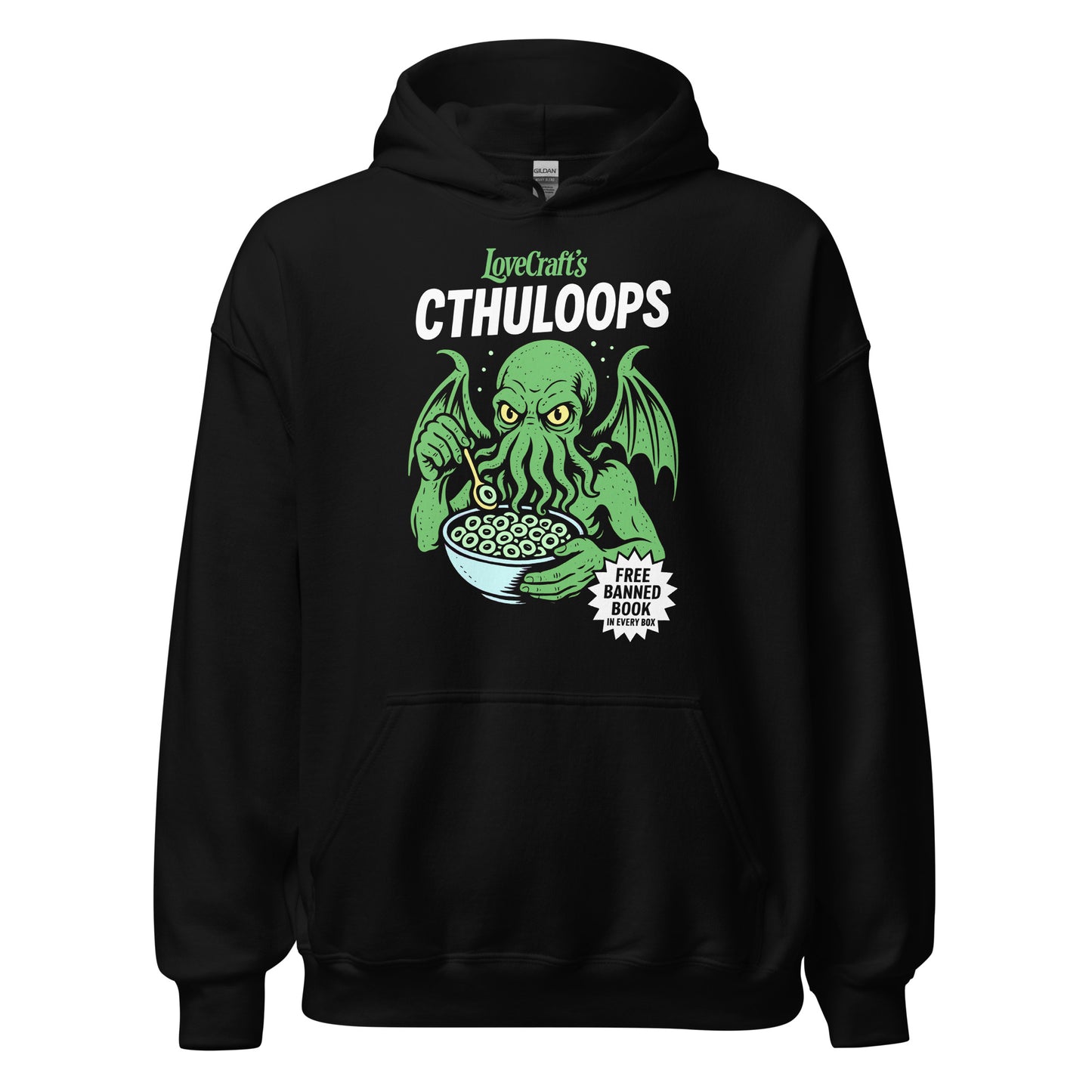 Black hoodie showing a cartoon Cthulhu character eating a bowl of cereal with Lovecraft Cthuloops text above the illustration.