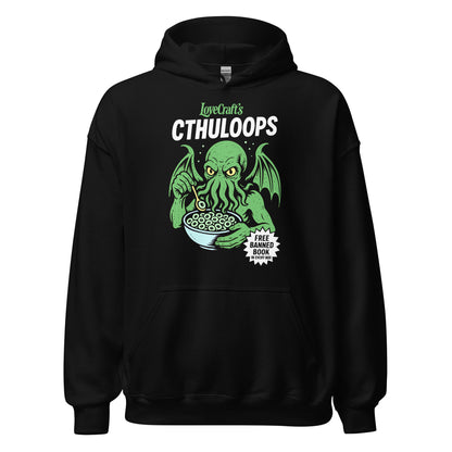 Black hoodie showing a cartoon Cthulhu character eating a bowl of cereal with Lovecraft Cthuloops text above the illustration.