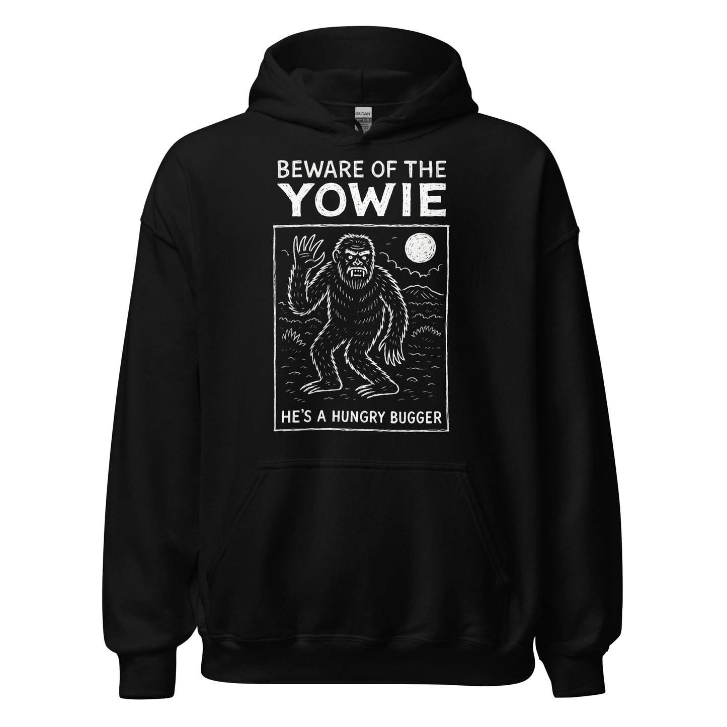 Black hoodie front view showing illustrated Yowie beneath the moon with Beware of the Yowie text