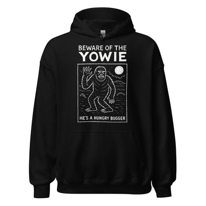 Black hoodie front view showing illustrated Yowie beneath the moon with Beware of the Yowie text