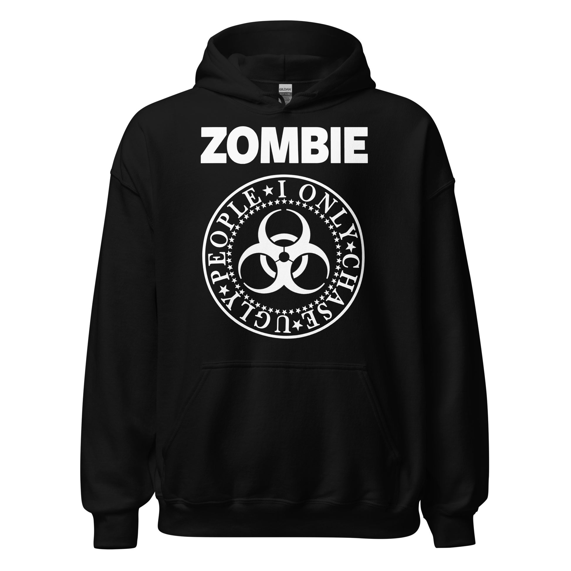 Zombie horror graphic with circular hazard symbol on black hoodie front
