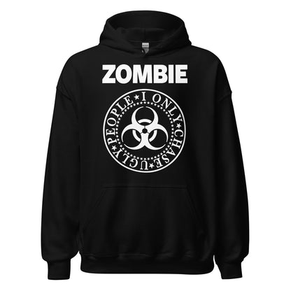 Zombie horror graphic with circular hazard symbol on black hoodie front
