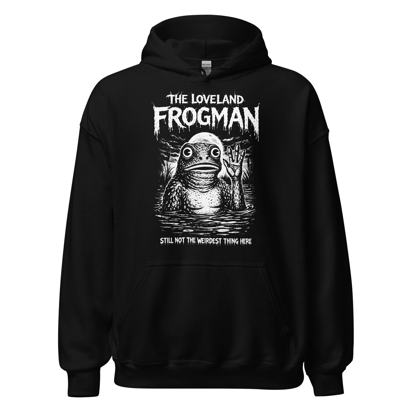 Loveland Frogman cryptid hoodie front view featuring Ohio folklore monster illustration on black hoodie