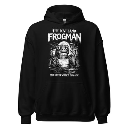 Loveland Frogman cryptid hoodie front view featuring Ohio folklore monster illustration on black hoodie