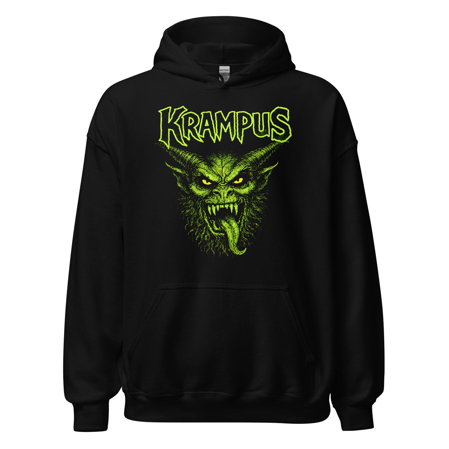 Krampus gothic demon artwork hoodie front view with bold green illustration on black
