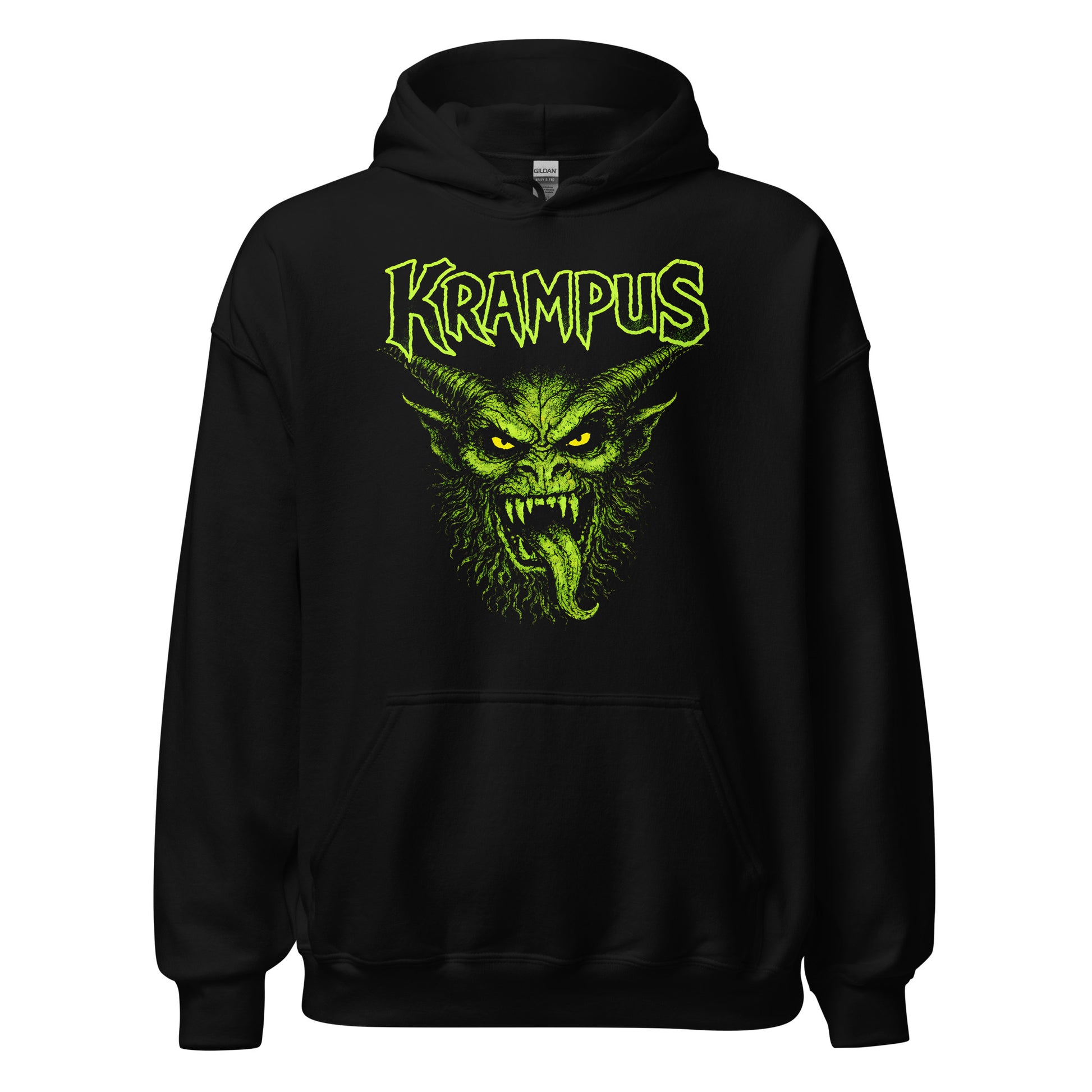 Krampus gothic demon artwork hoodie front view with bold green illustration on black