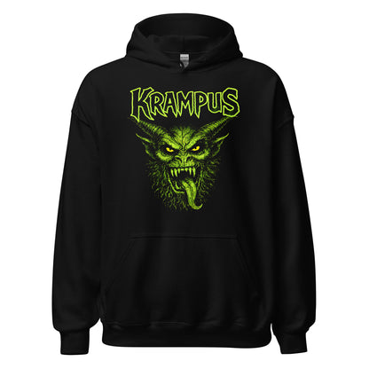 Krampus gothic demon artwork hoodie front view with bold green illustration on black
