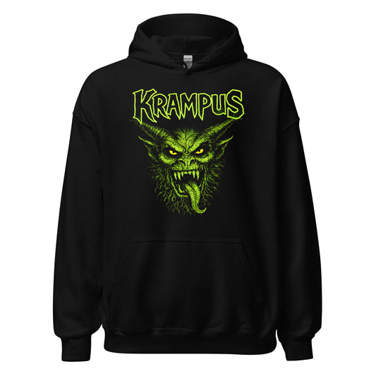 Krampus gothic demon artwork hoodie front view with bold green illustration on black