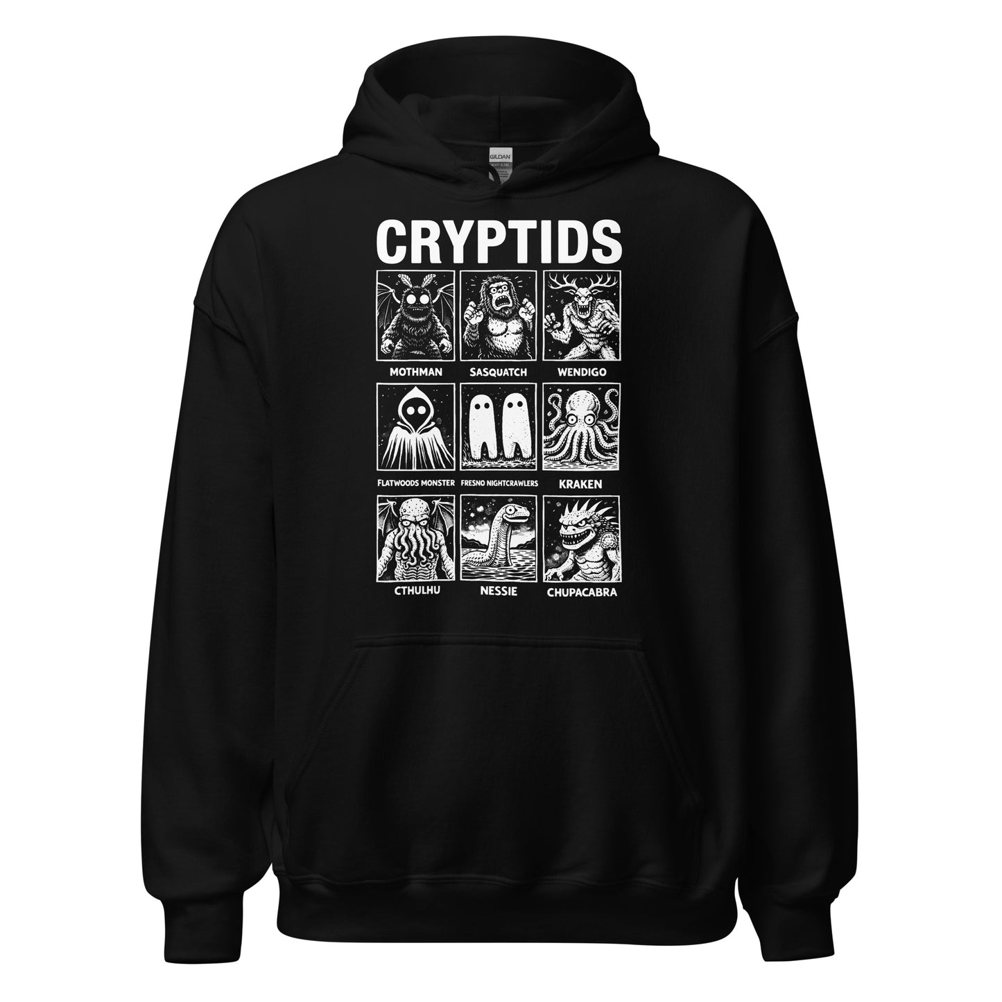 Cryptids folklore monster grid hoodie showing multiple legendary creatures on black