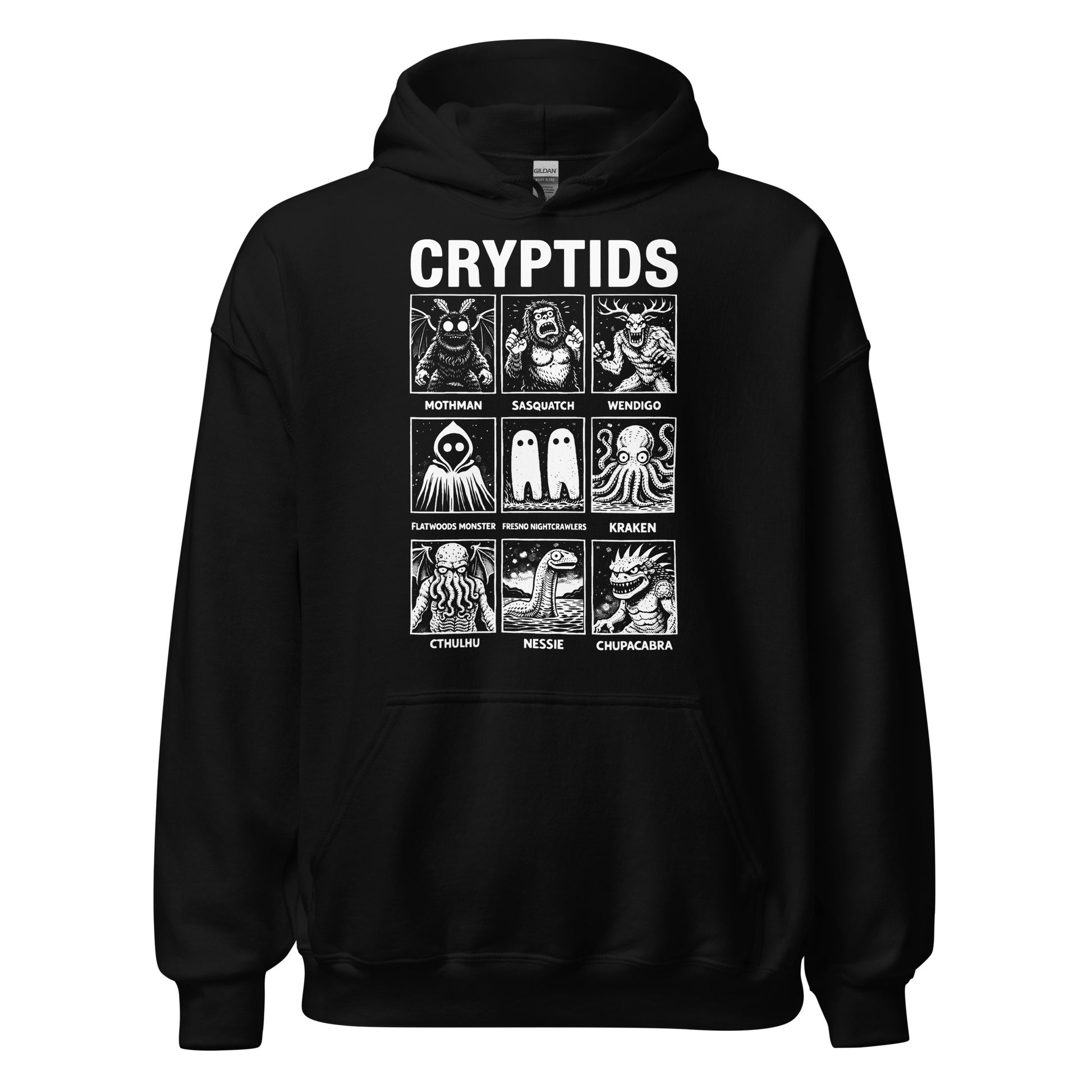 Cryptids folklore monster grid hoodie showing multiple legendary creatures on black