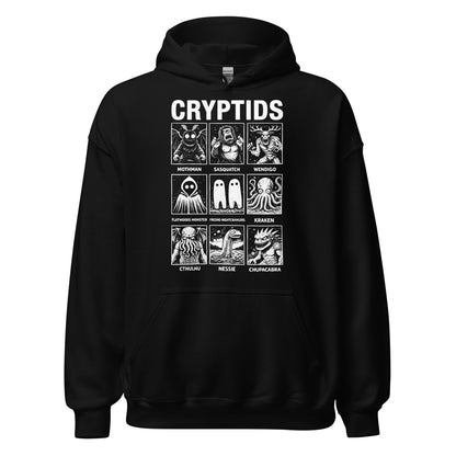 Cryptids folklore monster grid hoodie showing multiple legendary creatures on black