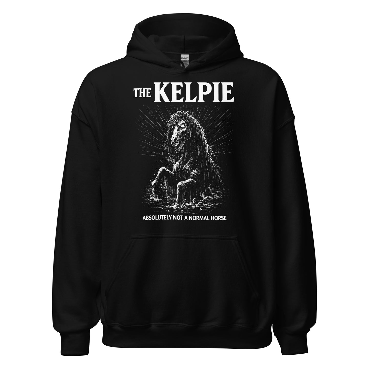 Kelpie folklore illustration hoodie on black with eerie water spirit artwork